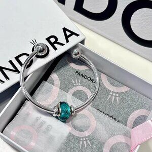 Pandora Silver Open Bangle with Blue Faceted Murano Glass Charm